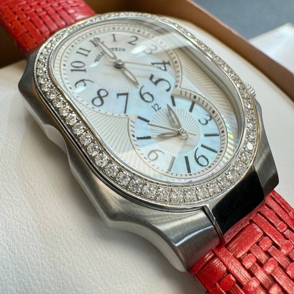 philip stein signature watch MOP dial diamond bezel red wicker strap main image 14